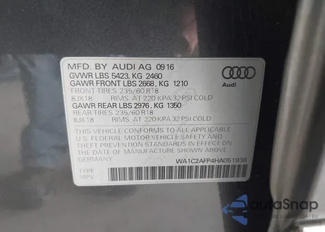 2017 Audi Q5 2.0T Premium z USA, uszkodzony, nr VIN WA1C2AFP4HA051938